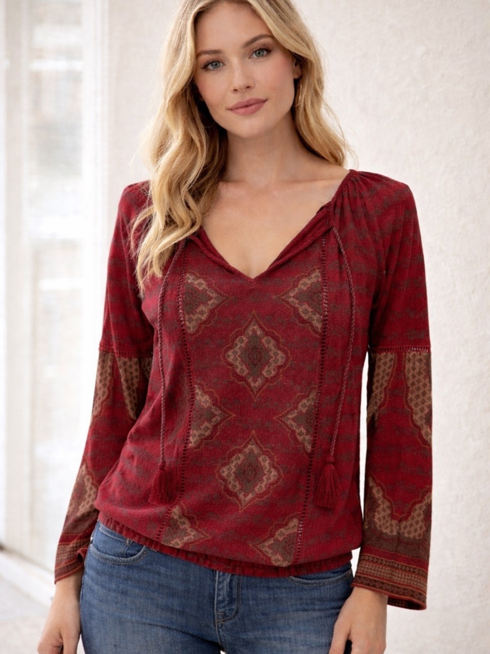 Lucky Brand Burgundy Patterned V-Neck Long Sleeve Top